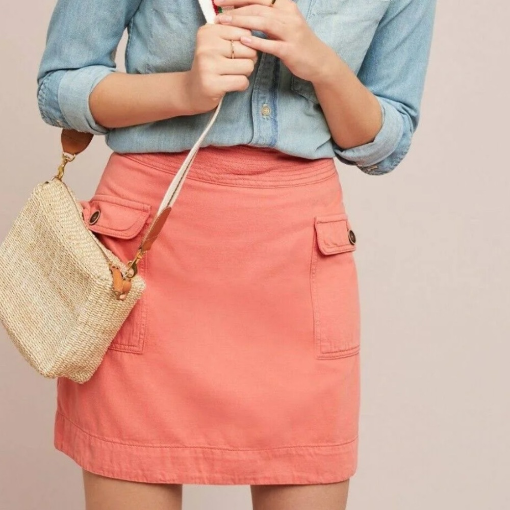 Anthropologie Coral‎ Pink Linen Cotton Blend Flap Pocket Utility Mini Skirt 4